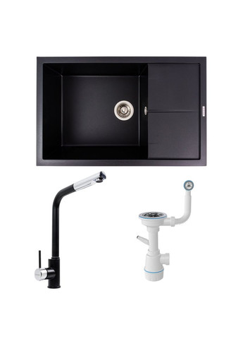 Комплект: Мойка гранитная 7950 CALYPSO + Смеситель Q411MB + Сифон (Черный) Valeso (353495480)
