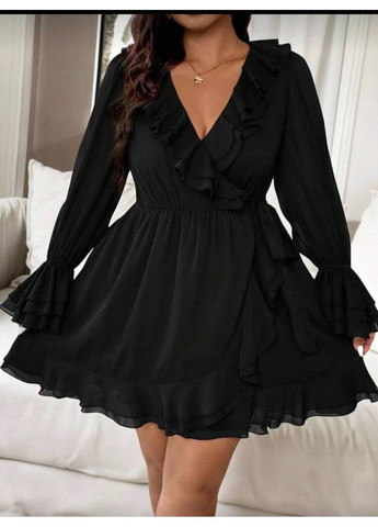 Чорна святковий, повсякденний, кежуал жіноча сукня з воланами на запах Style Point однотонна