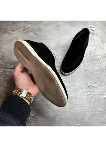 Черные ботинки лоферы мужское зимнее на меху замша на светлой подошве No Brand