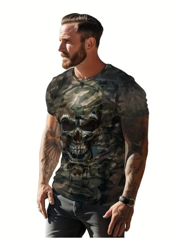 Комбинированная камуфляжная мужская футболка 3d печать воинственный череп термо дышащая xxl 56 No Brand