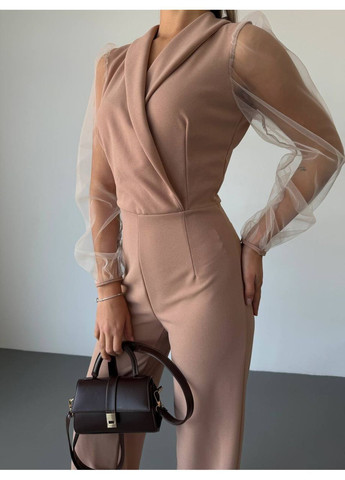 Комбінезон жіночий елегантний Style Point комбінезон-брюки однотонний бежевий святковий, діловий, кежуал креп-дайвінг