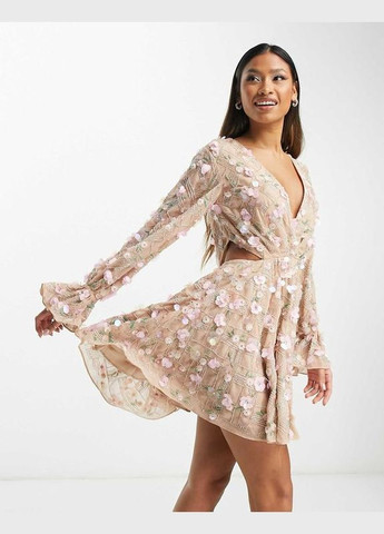 Бежевое платье мини с украшением пайетками и бисером Asos