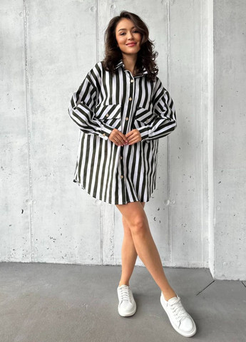 Оливковое (хаки) повседневный платье-рубашка оверсайз с длинным рукавом рубашка Tik-Tak в полоску