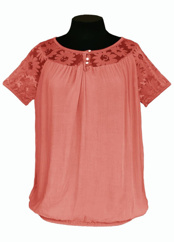 Коралова літня блузка жіноча віскозна літня з коротким рукавом та мереживом коралл No Brand