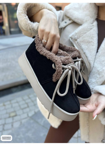 Осенние ботинки с тедди-отделкой из чёрной замши с бежевой подошвой челси No Brand с мехом из натуральной замши