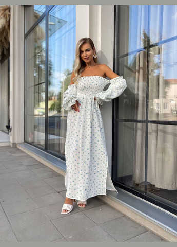 Блакитна повсякденний жіноча максі сукня з розрізом у квітку з відкритими плечима Style Point з квітковим принтом