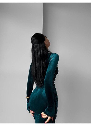 Изумрудное праздничный элегантное бархатное платье меди с длинным рукавом силуэтная No Brand