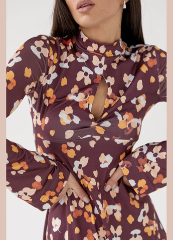 Коричневое повседневный платье мини расширенного силуэта с цветочным принтом 2301 Lurex с цветочным принтом