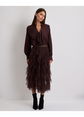 Коричневая кэжуал фатиновая макси-юбка с каскадными рюшами коричневая MZR
