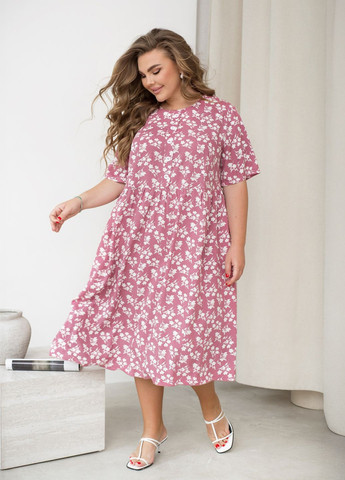 Рожево-лілова повсякденний, кежуал сукня міді а-силуету літня на гудзиках дзвін, кльош, а-силует, сукня-сорочка No Brand з квітковим принтом