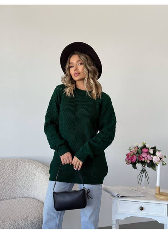 Изумрудный демисезонный женский свитер с ажурными рукавами джемпер No Brand