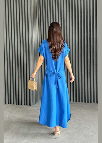Синее повседневный, кэжуал летнее льняное платье макси с нежной вышивкой колоски а-силуэт INNOE однотонное