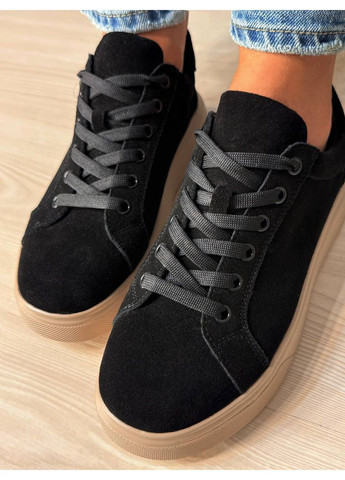 Черные кеды женские 85-9 натуральный замш на платформе черные Hengji