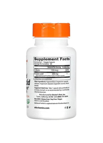 Стабілізована R-ліпоєва кислота, Stabilized R-Lipoic Acid,, 200 мг, 60 вегетаріанських капсул Doctor's Best (361115758)