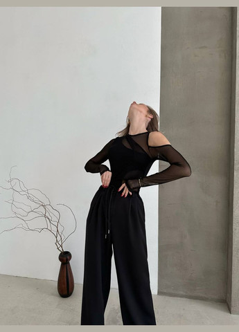 Стильні прямі штани "палаццо" з якісної костюмки вільного крою,чорні широкі штани на шнурівці та високій посадці No Brand 236-1 (282742498)