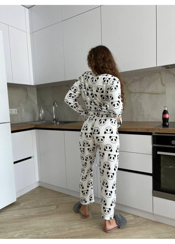 Біла піжама біло-чорна з принтом панд із м’якого флісу. тепла жіноча піжама флісова з пандами. домашній зимовий костюм No Brand
