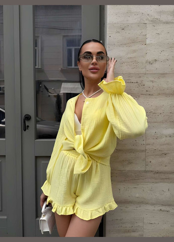 Женский летний костюм муслиновый костюм рубашка и шортики темно-бежевый No Brand (333143175)