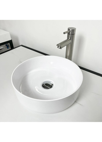 Раковина, умивальник ARENA, штучний камінь, кругла, без відвернення для змішувача та переливу, 360х113мм, накладний, білий Adamant (365749219)