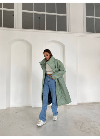 Оливкова зимова куртка - пуховик nika з екошкіри оливкового кольору milirud