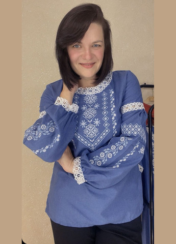 Серо-голубая женская вышиванка на домотканом полотне НоКо свободная (345122958)