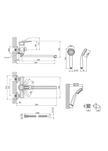 Смеситель для ванны длинный излив NEW GMT2-A133DR WAL (314540129)