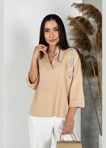 Бежева неймовірно гарна блуза-вишиванка вільного крою INNOE візерунок українська символіка вільна льон (299760405)
