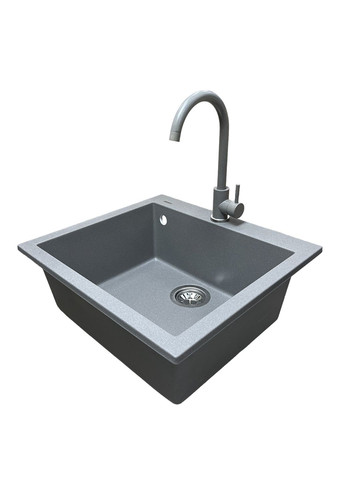 Набор кухонный Univer, искусственный камень, квадрат, без крыльев, 560х500х200мм, чаша – 1, врезная, серый + смеситель Adamant (370616575)