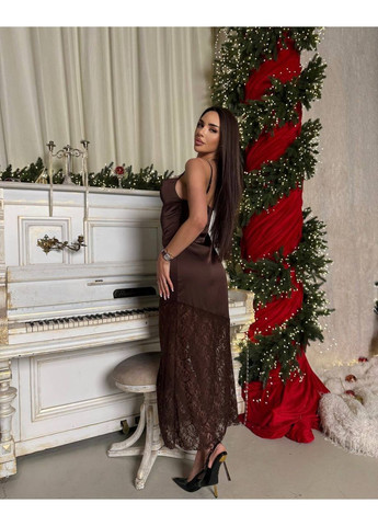 Коричневое вечернее женское шелковое платье-комбинация с кружевом KaraMix однотонное