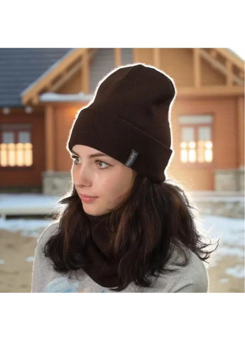 Молодежный комплект шапка лопата + бафф-снуд One Size, теплый двойной вязаный набор, коричневый No Brand (362961366)