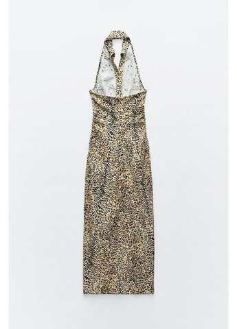 Коричнева сукня-сорочка з суміші льону з анімалістичним принтом. Zara