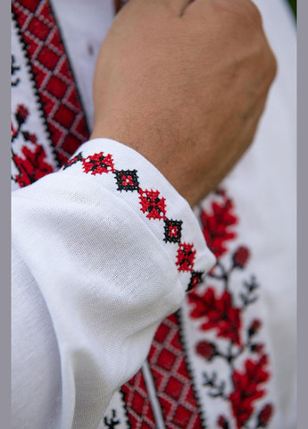 Біла біла чоловіча вишиванка льон традиційна з чорно-червоним візерунком із довгим рукавом візерунок орнамент приталена, вільна, пряма льон (317565275)