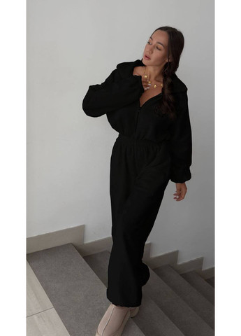 Жіночий комбінезон флісовий No Brand комбінезон-брюки однотонний чорний повсякденний, вечірній, кежуал, домашній фліс