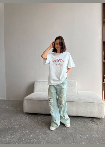 Шикарная качественная белая футболка из турецкого кулира (100% хлопок), oversize футболка с качественным красным накатом No Brand 229 - (289477771)