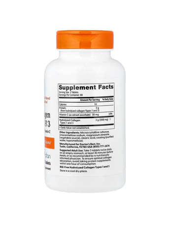 Колаген типів 1 та 3 з пептаном та вітаміном С, 1000 мг,, 180 таблеток Doctor's Best (360560449)