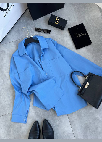 Голубой классическая, кэжуал рубашка однотонная No Brand с длинным рукавом