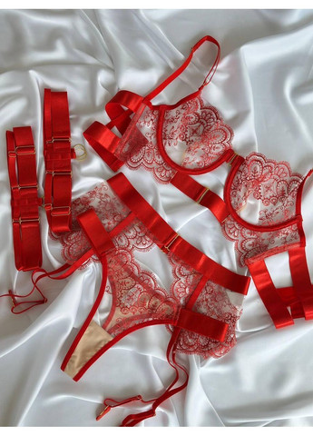 Красный демисезонный кружевной комплект белья с поясом и подвязками / эротический женский комплект с изысканным кружевом / сексуальное бельё No Brand