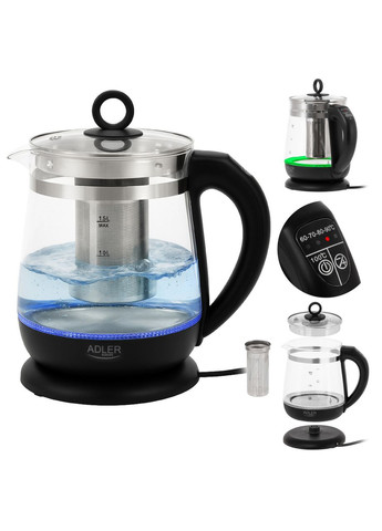 Стеклянный электрический чайник с заварником 1.5 л AD 1299 (2200 Вт, автовыключение, стильный) Черный Adler (366421984)
