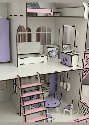 Деревянный самосборный домик для лола с гаражом и машинкой + 17 предметов мебели, экоигровой набор для кукол No Brand (305076709)