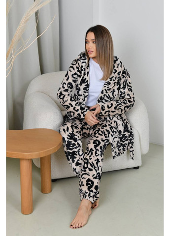 Бежевая зимняя теплая махровая пижама шьани и халат рубашка + брюки Nositi