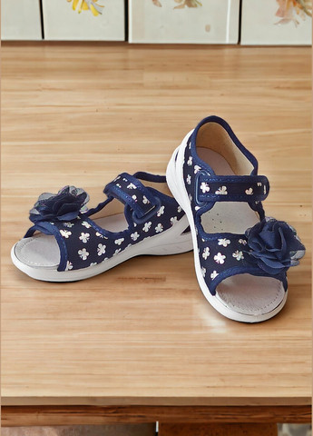 Синие ортопедические открытые тапочки текстильные босоножки для девочки Waldi с бантом, с цветами