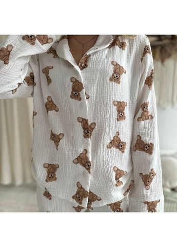 Бордовая пижама (рубашка+штаны) женская муслин белая мишки тедди m220p Cosy