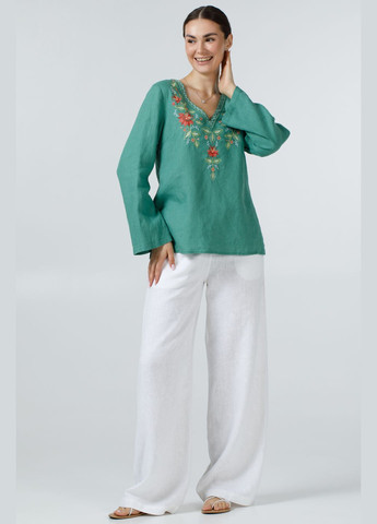 Сіра вишиванка. довга вільна жіноча блуза з льону з квітковою вишивкою та трикутним вирізом вірляна., р., код 9474/40/1621 ГАЛЕРЕЯ ЛЬОНУ