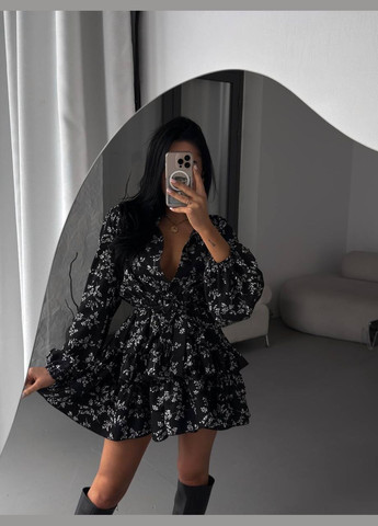 Чорна повсякденний, кежуал жіночка чорна сукня No Brand з квітковим принтом