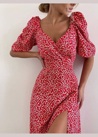 Красное красивое стильное красное платье из софта люкс качества в цветочном принте, летнее платье с разрезом от бедра и коротким рукавом No Brand