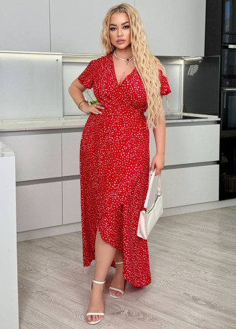 Червона повсякденний вишукана легка повсякденна літня міді сукня на запах з візерунком та короткими рукавами на запах Allthings в горошок