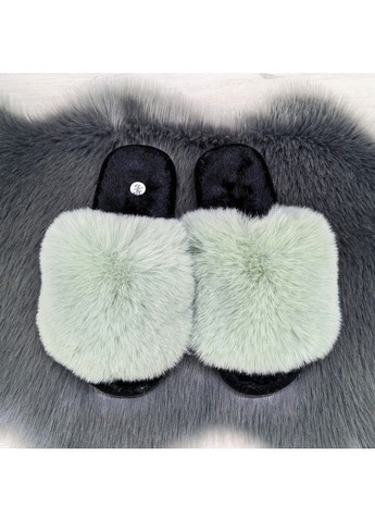 Оливковые тапочки меховые женские с открытым носком Fashion