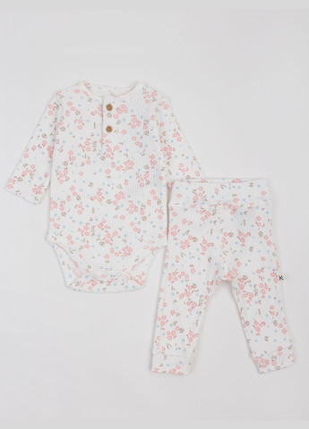Білий демісезонний комплект для малюків смужковий в рожеві квіточки (боді з довгим рукавом та штани) KRAKO