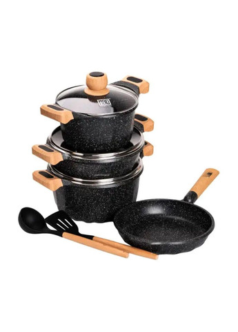 Набір посуду, 3 каструлі, з товстодонною алюмінієвою лопаткою та ополоником, чорний HP-4-401B MGC (368767288)
