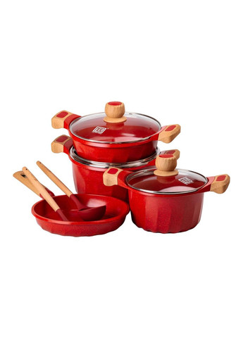 Набір посуду, 3 каструлі, товстодонне алюмінієве дно з лопаткою та ополоником, червоний HP-4-401R MGC (368767574)