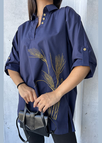 Тёмно-синяя изысканная блуза-туника с дизайнерской вышивкой в виде колоски INNOE узор украинская символика свободная хлопок (299767033)